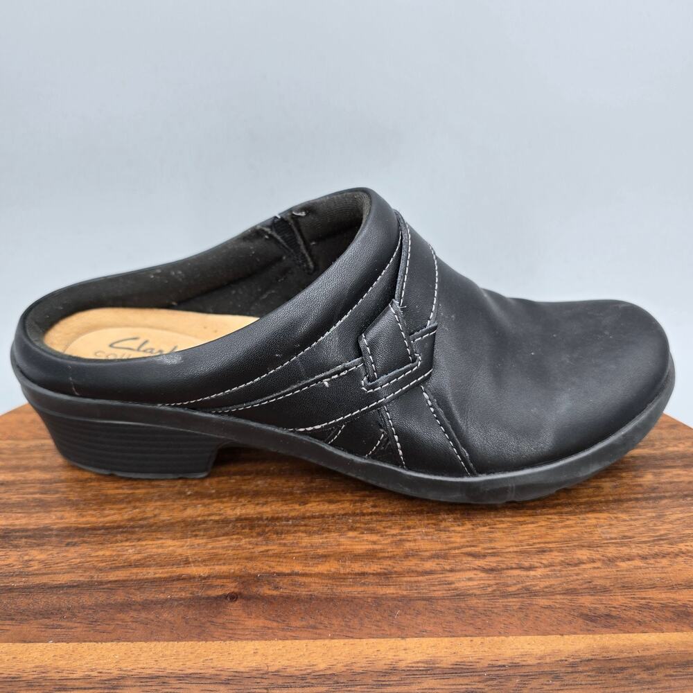 Clarks Shoes Womens 9 M Black Leather Angie Mist Slip On Comfort Mules Clogs